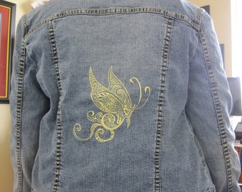 Refashioned Denim  Jacket With a Machine Embroidered Butterfly