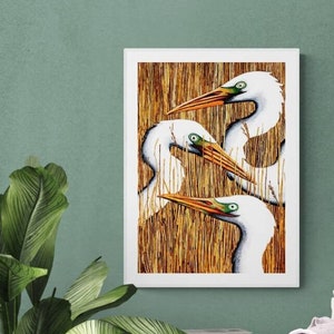 Heron Wall Art, Heron Print, Heron Art, White Heron Print, Egret Print, Lake Bird Print, Egret Heads, Water Bird Art Print, Large Bird, Retz image 1