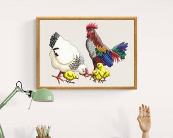 Printable Chicken Family Wall Art - Rooster and Chickens Nursery Print, Farm Animal Wall Art, Chicken Family Nursery Decor, Chicken Print