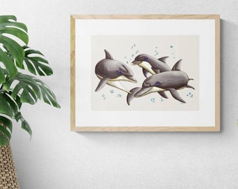 Printable Dolphins Wall Art - Dolphins in the Ocean Nursery Print, Marine Animal Wall Art, Swimming Dolphins Decor, Dolphin Wall Art Print