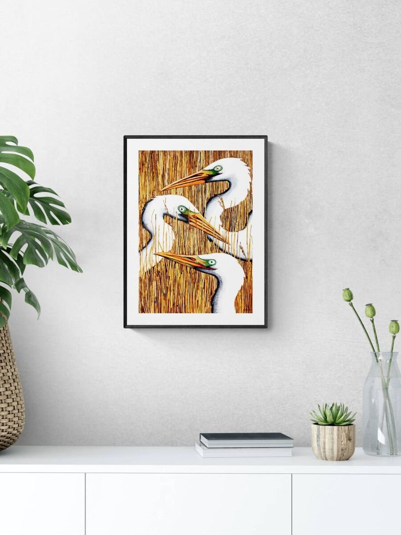 Heron Wall Art, Heron Print, Heron Art, White Heron Print, Egret Print, Lake Bird Print, Egret Heads, Water Bird Art Print, Large Bird, Retz image 7