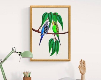 Printable Budgies in the Gum Tree Wall Art - Green and Blue Budgerigars Nursery Print, Bird Wall Art, Budgie Nursery Decor, Bird Art Print