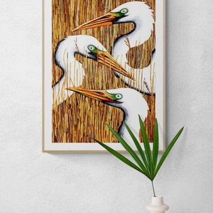 Heron Wall Art, Heron Print, Heron Art, White Heron Print, Egret Print, Lake Bird Print, Egret Heads, Water Bird Art Print, Large Bird, Retz image 6