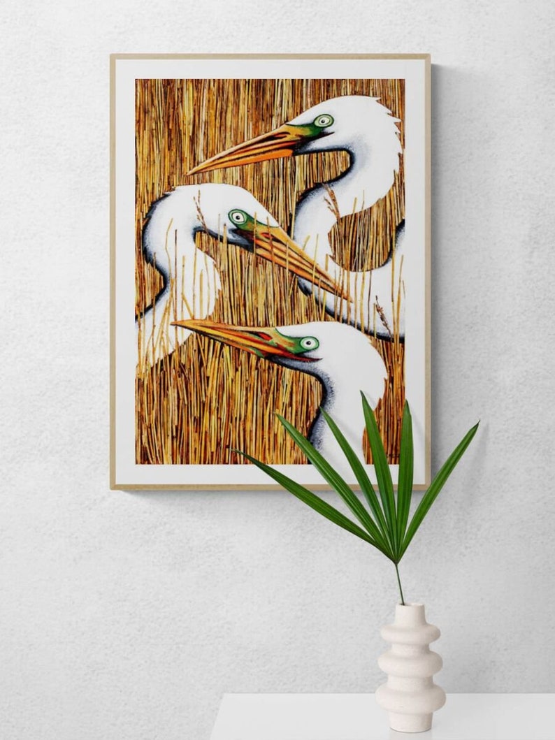 Heron Wall Art, Heron Print, Heron Art, White Heron Print, Egret Print, Lake Bird Print, Egret Heads, Water Bird Art Print, Large Bird, Retz image 6