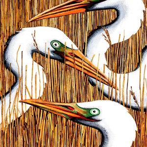 Heron Wall Art, Heron Print, Heron Art, White Heron Print, Egret Print, Lake Bird Print, Egret Heads, Water Bird Art Print, Large Bird, Retz image 2