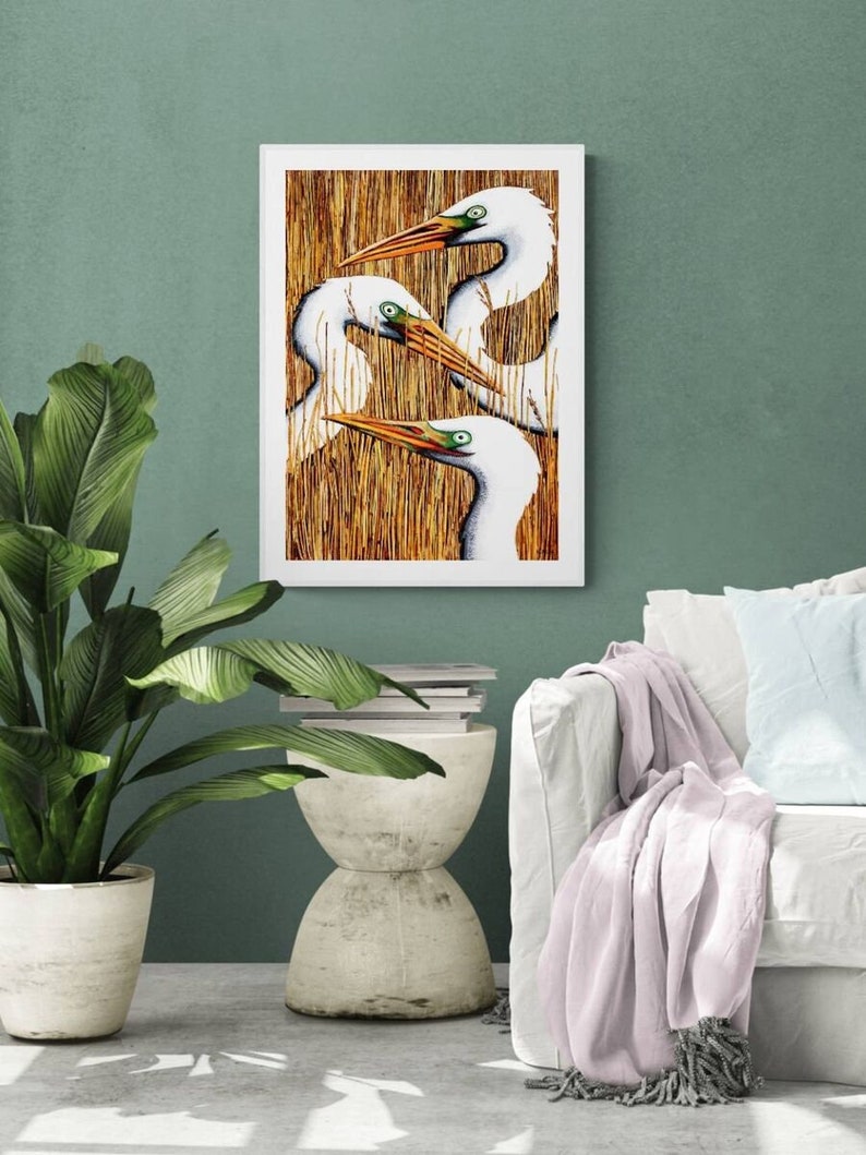 Heron Wall Art, Heron Print, Heron Art, White Heron Print, Egret Print, Lake Bird Print, Egret Heads, Water Bird Art Print, Large Bird, Retz image 1