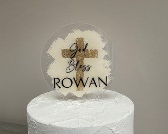 Custom Religious Acrylic Cake Topper | Baptism | Confirmation Cake Decor | Metallic Cross Cake Topper | Brush Stroke Cake Topper