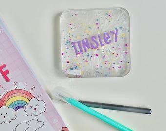 Personalized Confetti Desk Coaster | Student Coaster | Colorful Resin Coaster | Sparkle Desk Decor | Fun Office Gift