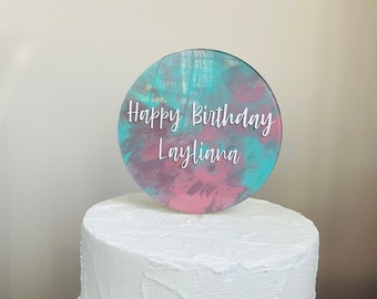 Custom Happy Birthday Cake Topper | Colorful Name Acrylic Cake Topper | Round Marbled Cake Topper | Personalized Cake Decoration