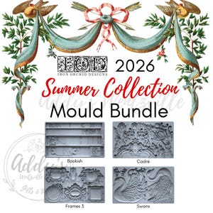 May include: A collection of four decorative molds, including "Bookish," "Cadré," "Frames 3," and "Swans." The image features the text "Summer Collection Mould Bundle" and the Iron Orchid Designs logo. The design includes a decorative floral and ribbon border.