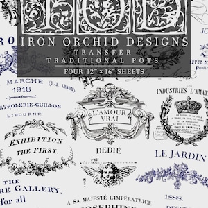 May include: A sheet of Iron Orchid Designs transfer paper with a vintage aesthetic. The design features ornate typography, botanical illustrations, and French text. The sheet measures 12 x 16 inches.