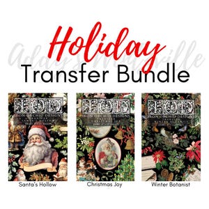 May include: A Holiday Transfer Bundle featuring three Iron Orchid Designs transfer sheets: Santa's Hollow, Christmas Joy, and Winter Botanist. Each sheet measures 8 by 12 inches and displays detailed holiday-themed illustrations on a black background.