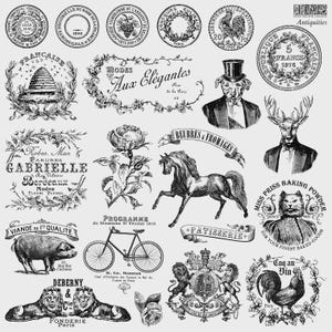 May include: A collection of vintage-style black and white illustrations. The designs include a rooster, a horse, a pig, a bicycle, a dog in a top hat, a deer in a suit, and various French text elements. The overall theme is antique and decorative.