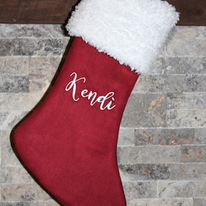 Personalized Cranberry Red,  Burgundy suede with white fur cuff Christmas stocking