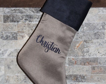Gold Tan Navy Christmas Stocking, Personalized Custom Name Monogram Christmas Stockings