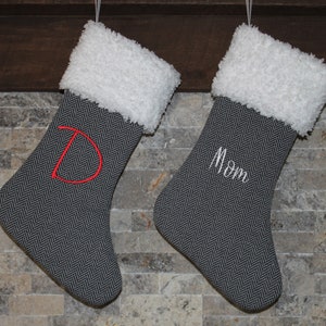 Black Gray Herringbone White Fur Christmas Stocking, Personalized Custom Name Monogram Christmas Stockings