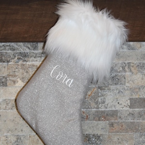 Gray Silver White Fur Cuff Christmas Stocking, Personalized Custom Name Monogram Christmas Stockings
