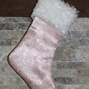 Pink Silver White Fur Cuff Christmas Stocking, Personalized Custom Name Monogram Christmas Stockings