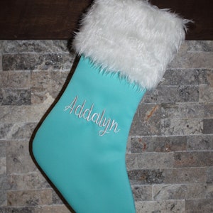 Teal Aqua White Fur Christmas stocking, Personalized Custom Name Monogram Stockings, Christmas decorations