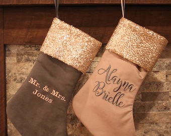 Rose Gold Sequins Blush Pink Velvet Christmas Stockings, Custom Stocking