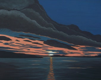 Alaska Sunset.  Alaska painting, of a storm gathering at sunset. Artist Eva Tormey