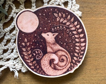 Moon Gazing Fox - Printed Wood Magnet