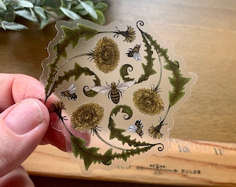 Just Dandy - STICKERS -  honeybee and dandelion clear backed vinyl stickers printed from original digital art