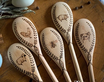 Farmhouse Woodburned Spoons - Hand Burned Pyrography Designs - Honeybee/Chicken/Sheep/Goat/Cow/Pig/Pony/Duck/Monogram * Made to Order