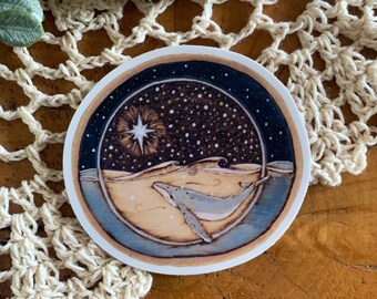 The Whale by starlight and snow - STICKERS -  magical whale vinyl stickers printed from original pyrography woodburned art