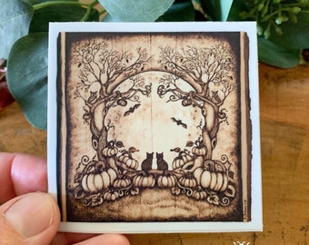 The Pumpkin Tree - STICKERS - Black cat Halloween - vinyl stickers printed from original pyrography woodburned art
