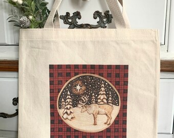 The Reindeer - 100% cotton tote bag printed from original woodburned art.
