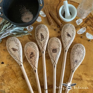 Kitchen Witch Spoons - Woodburned by hand  - Made To Order | black cat - witch hat - pumpkin - raven - crow - bat - cauldron - owl - toad