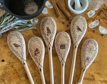 Kitchen Witch Spoons - Woodburned by hand  - Made To Order | black cat - witch hat - pumpkin - raven - crow - bat - cauldron - owl - toad