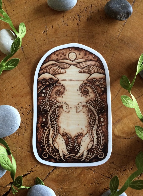 Loch Ness Love - STICKERS - Loch Ness Monster Nessie - vinyl 2.5 x 4 inch stickers printed from original pyrography woodburned art