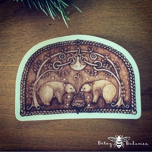 Bears and Whisps - Celtic bear and cauldron clear background vinyl sticker