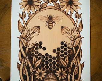 The Bee's Garden - Honeybee Fine Art Print / Signed Giclee Print of Original Pyrography (Woodburning) Art - 8x12"