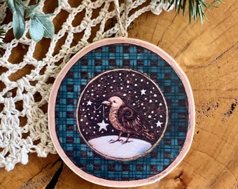 Weihnachtskrähe - Gedrucktes Holzornament