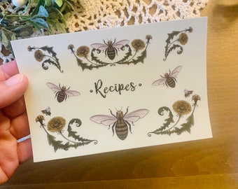 Just Dandy - 4x6 vinyl sticker sheet - 9 honeybee and dandelion stickers - perfect for recipe journal.