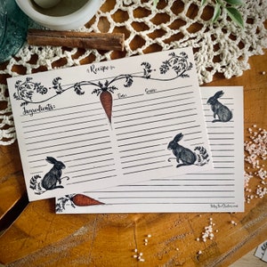 The Carrot Patch - Cartões de receitas Cottagecore com design de coelho e cenoura - 4x6 - pacote de 12