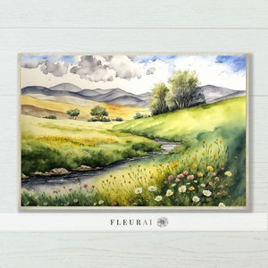 Spring Meadow Landscape 239 | Farmhouse Landscape Painting, Country Field Watercolor Print, Farmhouse Art Print