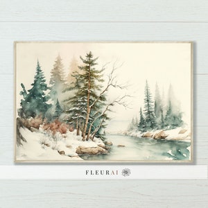 May include: Watercolor painting of a winter landscape with snow-covered trees and a river. The artwork features a serene scene with evergreen trees, a snowy riverbank, and a soft, muted color palette. The painting is framed and ready to hang.