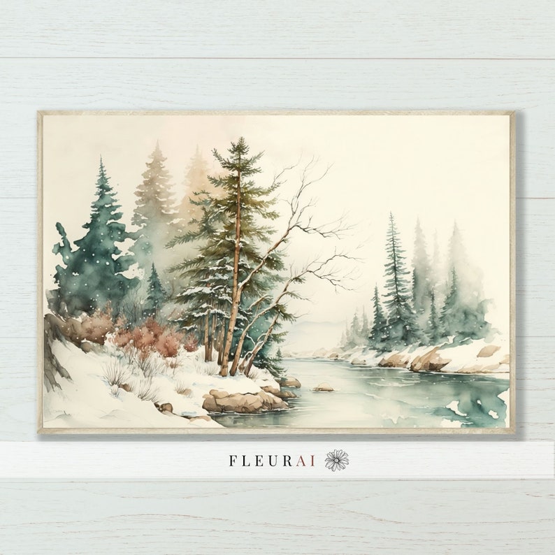 May include: Watercolor painting of a winter landscape with snow-covered trees and a river. The artwork features a serene scene with evergreen trees, a snowy riverbank, and a soft, muted color palette. The painting is framed and ready to hang.