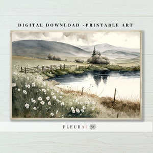 Farm Pond 231D | Muted Watercolor Farm Country Landscape - Digital Download Self Printable