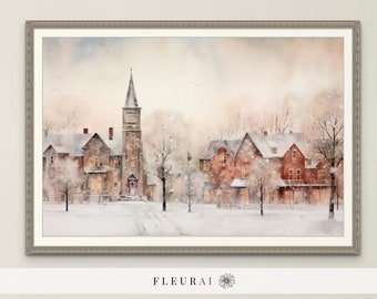 Christmas Decor Winter Village Print | Holiday Decor | Vintage Christmas Print | Winter Wall Art | Vintage Village Scene | Winter Watercolor