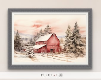 Christmas Decor Winter Barn Print 090823 | Winter Art Print | Christmas Wall Art | Holiday Decor for The Walls | Winter Art Watercolor