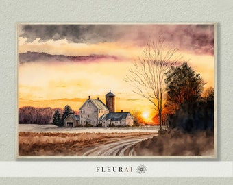 Farmhouse Landscape Print 234 | Life on The Farm at Sunset Watercolor, Modern Farmhouse Art Prints - Museum Quality Print