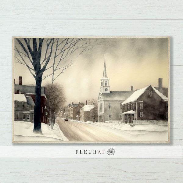 Ville de Nouvelle-Angleterre 233 | vintage Winter Small Town, Modern Farmhouse Art Prints - Museum Quality Print