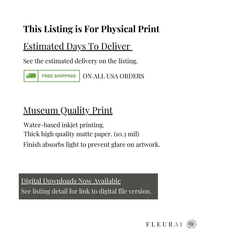 May include: Text on a white background reads "This Listing is For Physical Print" and "Museum Quality Print." The image also states "Digital Downloads Now Available" and "FREE SHIPPING ON ALL USA ORDERS."