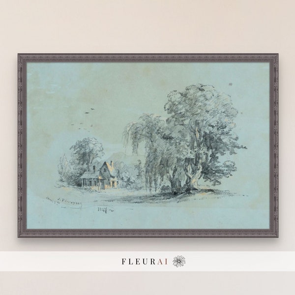 Cropsey 1847 Vintage Country House Drawing | Pale Blue and Muted Toned Wall Print for Modern Farmhouse Style Decor