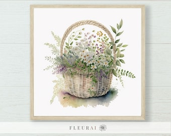 Flower Basket Print 232 | Basket of Wildflowers Watercolor, Modern Farmhouse Art Prints - Museum Quality Print